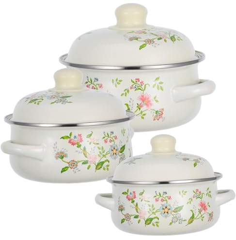 Cabilock Set Pentole Smaltate Mini 3 Pezzi con Doppia Maniglia, Pentola per Zuppa e Stufati a Fondo Piatto con Coperchio, Piccola Pentola retrò Decorativa per Cucina da Fornello e Tavola