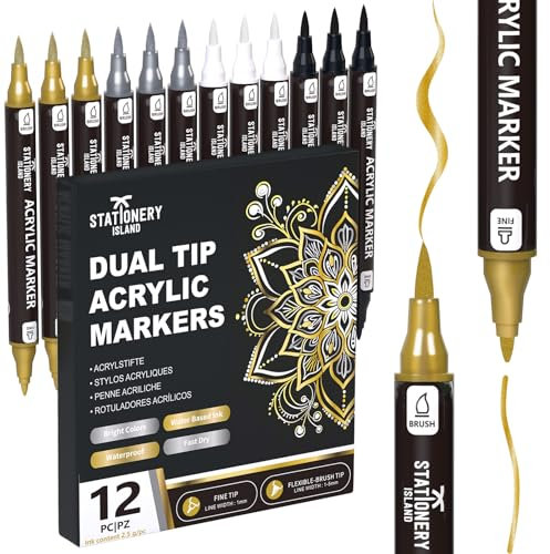 STATIONERY ISLAND Acrylstifte 12 Stück in Gold, Silber, Weiß & Schwarz – Wasserbasierte Doppelseitige Metallic Acrylic Marker mit Feiner & Pinselspitze für Stein, Glas, Holz, Metall & Keramik