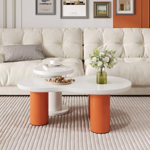 OCACA Combinaison de table basse, plateau de table en MDF laqué et pieds en PVC, combinaison de table basse blanche de style crème (nuage blanc + rond)
