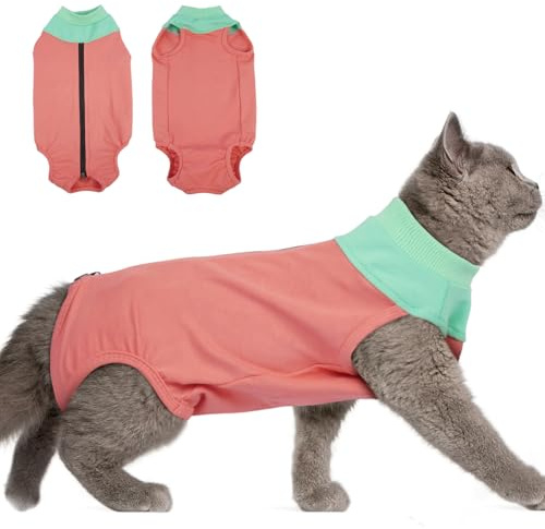 DENTRUN Wundschutzanzüge für Katzen Katzenbody Nach Op mit Reißverschluss Auf Dem Rücken Wundschutzanzug Katze Verhindern Lecken Hautkrankheit (Rosa, M)