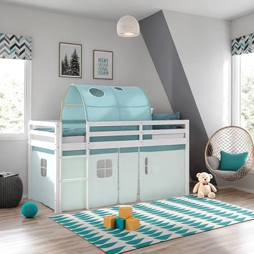 Homestyle4u Kinderbett Hochbett 90x200 mit Vorhang Treppe Tunnel Weiß | Massives Kiefernholz Bettgestell für Jungen & Mädchen, inkl. Spieltunnel in Grün, Absturzsicherung & Leiter beidseitig