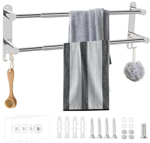 KINDPMA Adjustable Double Towel Rail Wall Mounted 43-75cm Self Adhesive Bathroom Towel Holder Retractable Stainless Steel Towel Rack with Hooks for Shower Kitchen