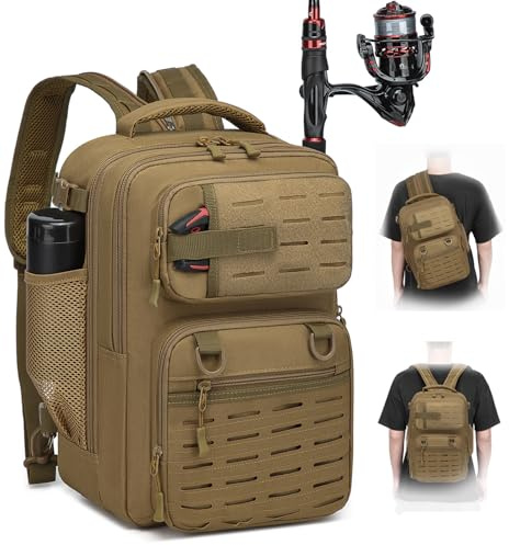 BlesMaller 2 in 1 Angelrucksack mit Rutenhalter 25L kleine Angeltasche | mit Kühlfach, MOLLE System, taktische Angeln Schultertasche militär Rucksack für Angeln Wandern (23x20x37cm)