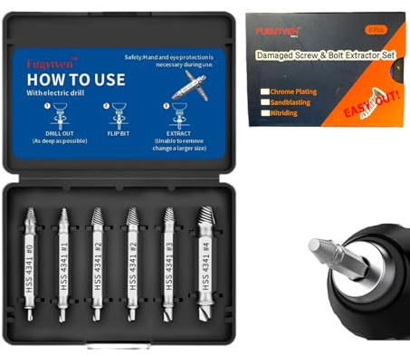 Damaged Screw Extractor Kit - 6PC HSS 4341 Sandblasting Screw Remover for Stripped, Rusted & Broken Bolts | Pro-Grade Drill Bits | Includes Storage Case | Ideal for DIY & Professionals Fugytven