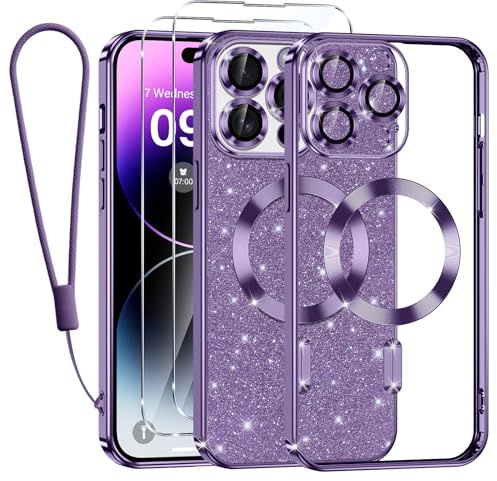 Tikfrlo Glitter Magnetica Cover per iPhone 14 Pro Max con Cordino, Compatibile con MagSafe, Brillantini Sottile Silicone TPU Antiurto Custodia per iPhone 14 Pro Max con 2 Vetro Temperato Bumper, Viola