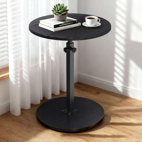 johgee Tavolino in Legno Regolabile con Ruote, Regolabile da 45 a 77 cm, ⌀ 40 cm, Tavolino Rotondo per Soggiorno, Camera da Letto, Cucina, Ufficio, Nero