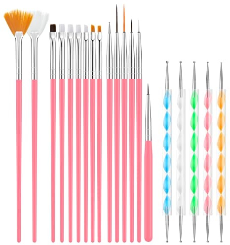 20 Pièces Pinceau Nail Art Ongles, Pinceau Ongle Gel avec Dotting Tool,Pinceau Gel UV Construction,Pinceau Acrylique Ongle Pinceau Liner Nail Art Pour DIY Nail Art Designs-Rose