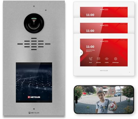 Metzler Video Türsprechanlage mit HD-Kamera und Touchscreen-Innenmonitor in Graualuminium RAL 9007 klare Bildqualität bei Tag und Nacht einfache Montage über PoE Kit für bis zu 500 Parteien VDM10 2.0