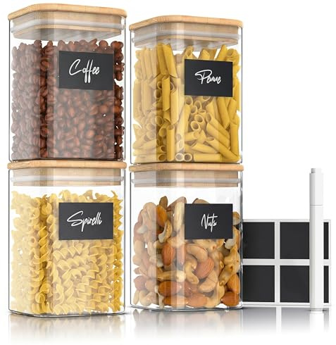 Arendo - Vorratsgläser mit Deckel - 4er Set - Glasbehälter aus Glas – hitzebeständig – Vorratsdosen mit Bambusdeckel - luftdicht - für Müsli Zucker Mehl Kaffee Reis