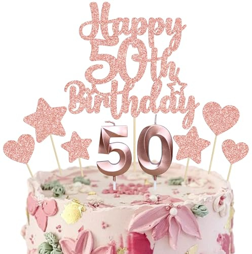 Gyufise 15Pcs Happy 50th Birthday Cake Topper Set with Heart Star Glitter Cheers to 50 Years Cake Picks Number 50 Candles Cake Decorations for Happy 50th Birthday Anniversary Party Supplies Rose Gold