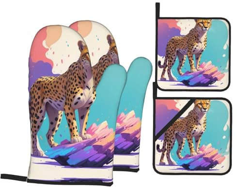 WZYWHJ Oven Mitts and Pot Holders Sets of 4 Gloves for Kitchen Baking Cooking Grilling Data Stream Cheetah Prints