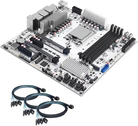 ROUAFWIT W680 NAS Motherboard Micro ATX 12 Bay, LGA1700 mATX PC Mainboard mit 2x10GbE, 2x 2.5GbE LAN, 4 x DDR5 Desktop RAM (ECC), 3 x NVMe, PCIe5.0 x16, vPro, With 3x 4-SATA Cables, 32G RAM 1TB SSD