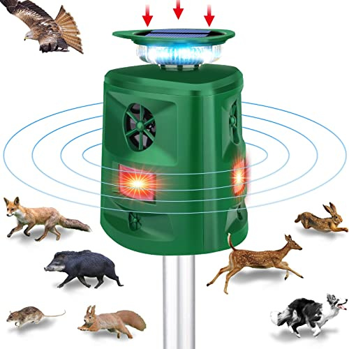 Répulsif Extérieur à Ultrasons Solaire à 360° avec Détecteur de Mouvement et Lumière Clignotante LED, 5 Modes Réglables et étanches pour Chien, Chat, Lapins, Renards, Cerfs pour Jardin, Cour