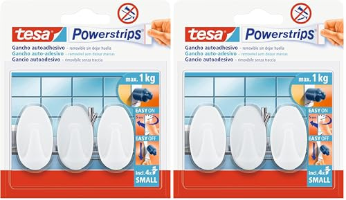 Tesa Powerstrips Ganci Small Ovali - Gancio Adesivo Rimovibile per Vetro, Piastrelle, Legno, Plastica e Altre Superfici - Impermeabile - Bianco - Forte Tenuta fino a 1 kg (Confezione da 2)