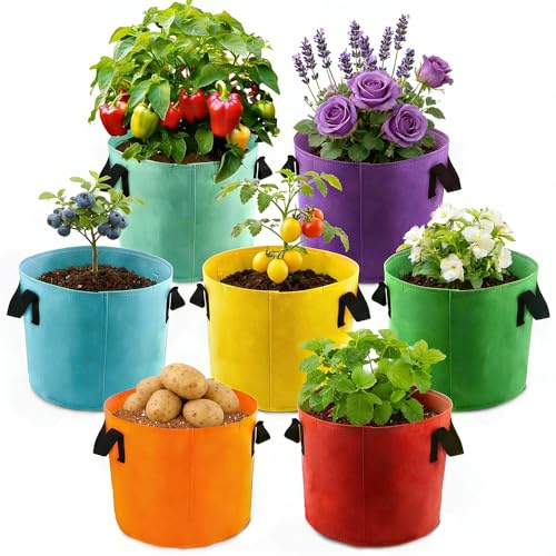 SGZIOO 7 Packs Potato Grow Bags, 10 Gallon Grow Bags for Vegetables, Colorful Potato Sacks for Growing Potatoes, Tomatoes, Carrots, Onions, Strawberry, Vegetable Planters Outdoor, Non-woven Fabrics