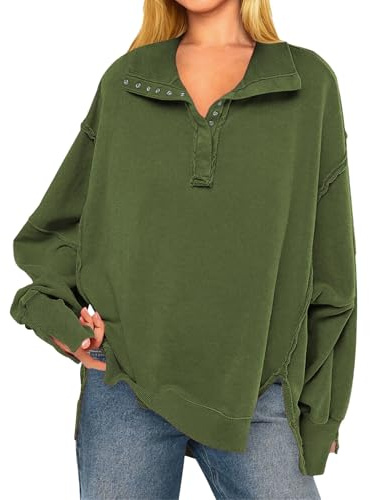 Dam knapptröja långärmad tunika pullover höst trendig ledig lös passform topp, Armégrönt, S
