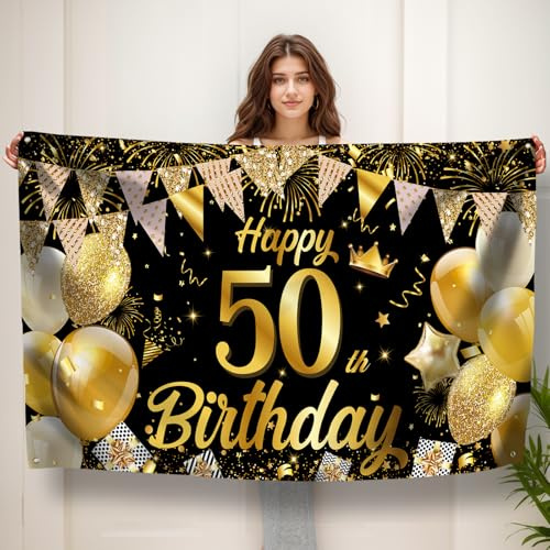 Koliphy 50. Geburtstag Banner, 50. Geburtstagsbanner Deko für Männer & Frauen, Handgehalten Stoff Geburtstagsdeko Party Dekoration für Drinnen und Draußen(Schwarz Gold)