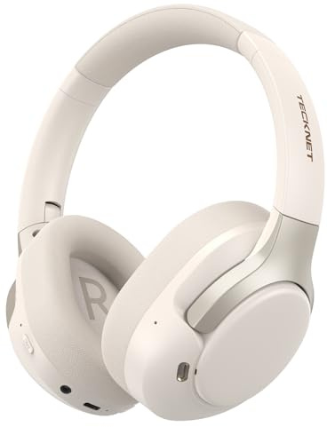 TECKNET Active Noise Cancelling Headphones, wireless headphones bluetooth 6.0, 70H Playtime and 6 EQ Music Modes with 3.5mm Cord, over ear headphones wireless & Wired for Home Travel Office, White