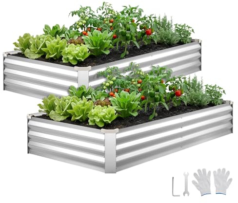 VEVOR Potager Surélevé Métal 180x90x30 cm Carré Potager Surélevé Lot de 2 Lit de Jardin Rectangulaire pour Extérieur Culture Légumes Fleurs, Fond Ouvert, Galvanisé Aluminium-Zinc, avec Gants, Argenté