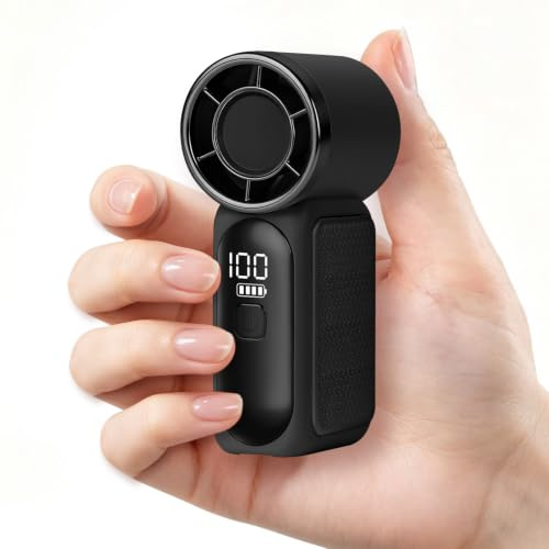AUAUY Mini bärbar fläkt, 6 hastigheter, USB-C uppladdningsbar, svart | Intelligent LED-skärm, för resor, sport, kontor