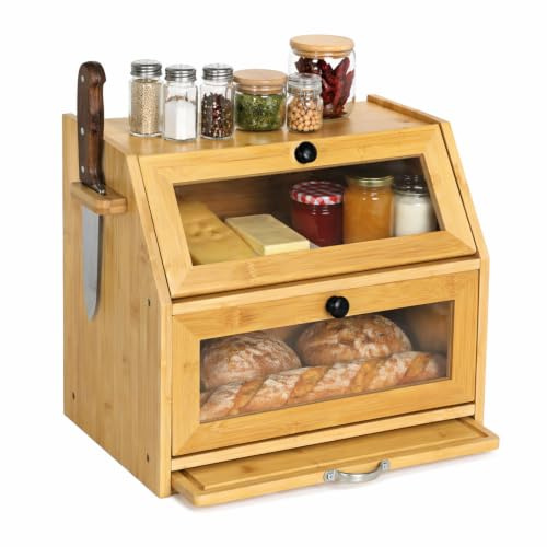 TOQUE 33L Bamboo Bread Bin with Cutting Board, Bread Storage Box, Natural