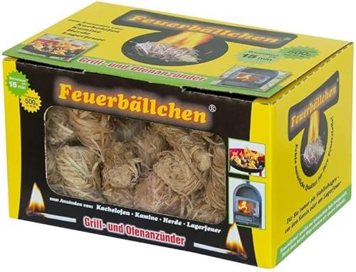 Feuerbällchen - das Original - zum Anzünden von Kachelofen, Kamin, Herd, Grill, Lagerfeuer - aus reinen Naturprodukten - unempfindlich gegen Nässe - Made in Germany - 0,5 kg Schachtel (ca. 40 Stück)