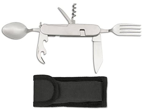 Outletdelocio. Navaja Multiusos Desmontable, con Cubiertos de Camping. 7 usos. Acero Inoxidable. Funda Nylon incluida
