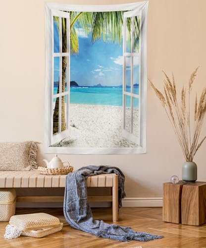 ABAKUHAUS Tropisch Wandteppich, Tropical Beach Palmen aus Weiches Mikrofaser Stoff Waschbar ohne Verblassen Digitaldruck, 150 x 110 cm,Grün Weiß Blau