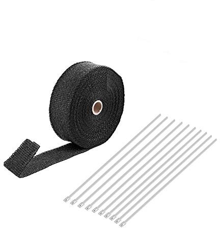 Estink Ruban Isolant Thermique en Fibre de Verre pour Échappement Moto, 15m avec Attaches de Câble en Acier Inoxydable, Noir