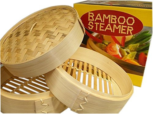 yoaxia ® - 25cm Bamboo Steamer Set 3-TLG. [ 2 Körbe+1 Deckel ] Bambusdämpfer