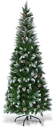COSTWAY Albero di Natale Innevato 180/220 cm, Albero di Natale Slim con Pigne, Base di Metallo e Rami Rigogliosi in PVC, Ideale per Casa, Ufficio e Negozio (180 cm)
