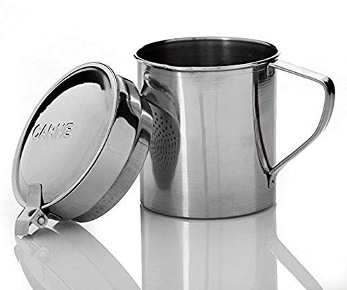 Tradineur - Pack de 2 Graseras de metal de Ø 9,3 x 11 cm - Incluye filtro, asa y tapa - Aceitera con colador para conservación de aceite de acero inoxidable - Capacidad de 550 ml