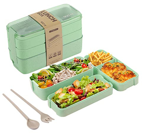 AsFrost Bento Box for Adults Kids, 3-in-1 Meal Prep Container, 900ML Janpanese Lunch Box with Compartment, Wheat Straw, Leak-Proof, Spoon & Fork, BPA-Free (Green)