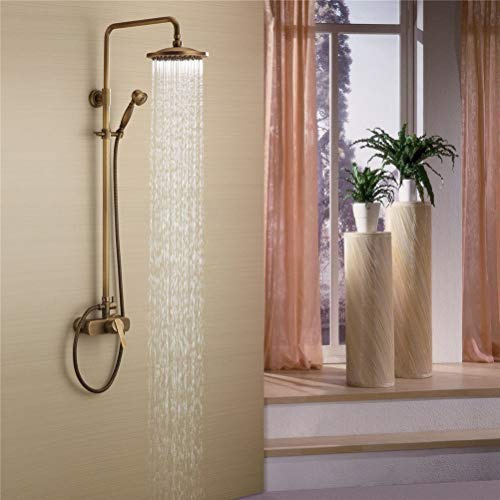 Antique Brass Bathroom Shower Tap System, Vintage Rainfall Shower Faucet Ceramic Valve Two Handles Bath Shower Mixer Taps Hot and Cold, Rain Shower Mixer Set Antique Brass Finished,A