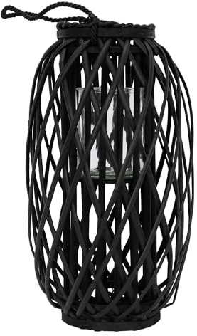 ECD Germany Lanterna Intrecciata a Mano 50 x Ø 28 cm Candeliere da Giardino Inserto in Vetro Manico Nero Decorazione Portacandele in Fibra con Corda per Casa Interni ed Esterni Ornamento di Vimini