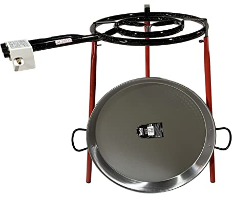 FERRETERIA LEPANTO Kit Paellero, Quemador a Gas butano, paellera acero pulido, regulador de Gas + 1,5 metros de Manguera, soporte de 3 Patas reforzadas (46)