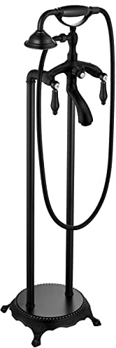 Cinwiny Oil Rubbed Bronze Freestanding Bathtub Faucet Floor Mount Tub Filler with Handheld Spray Telephone Shape Double Level Handle with Hot and Cold Water Adapter High Flow Bathroom Mixing Tap