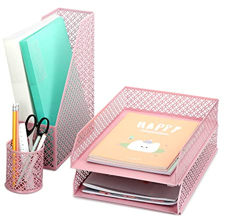 Exerz Schreibtisch Organisator 4-teilig Büro-Set/Tischplatte Ablage Metallgitter Inklusive: A4 Briefablage x 1, A4 Zeitungsständer x 1, Briefhalter x1, Stifthalter x 1 (Hell-Pink)