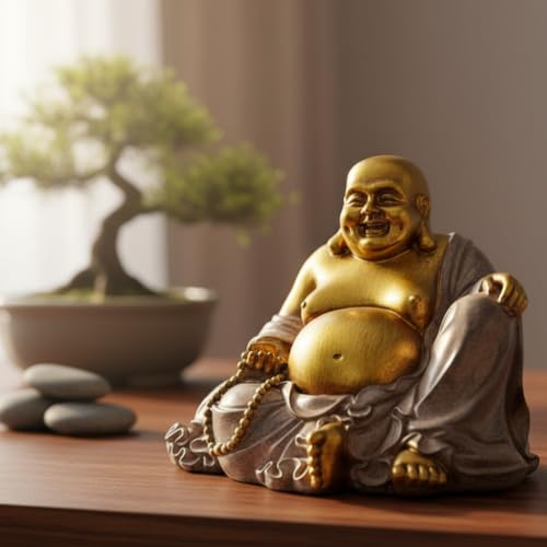 Generisch MF Lachende Buddha Figur mit dickem Bauch Skulptur Deko Feng Shui Yoga Meditation in Gold/grau Höhe 17cm