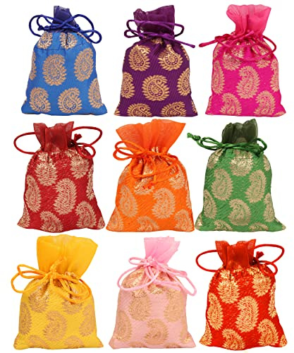 Touchstone Drawstring Bags Tradizionale indiano realizzato a mano in tessuto broccato. Perfetti per regali, gioielli e matrimoni. Set di 9 sacchetti multicolori e vivaci, borse e portamonete Potli.