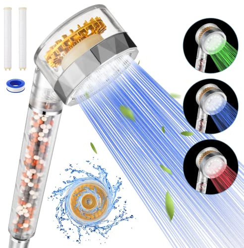 Rovtop Filter Duschkopf, Neueste Handbrause Mineralsteinen Duschbrause mit Led Farbwechsel & Hydro Jet Turbo, Kalkfilter Shower Head Wassersparend und Druckerhöhende Brausekopf mit 2 Baumwollfilter