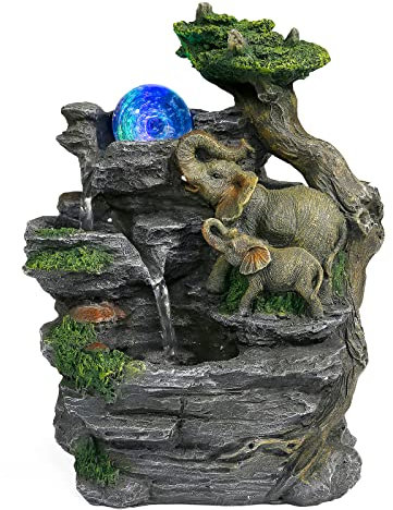 Dyna-Living Zimmerbrunnen Tischbrunnen mit Rollender Kugel, Brunnen Polyresin Springbrunnen LED-Beleuchtung Mehrfarbig, Elefant Steingarten Tischplatte Wasserbrunnen Wasserfall Brunnen