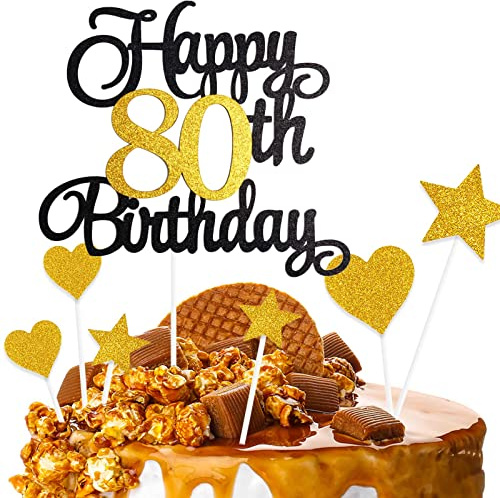 ZHIHUI Cake Decoration, 7-Pieces Personalised Happy 80 Years Birthday Cake Toppers for Boy Girl Kids Happy Birthday Sign for Cake, Glitter Cupcake Topper 80th Birthday Party Supplies (Black & Golden)