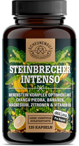 Steinbrecher - Nieren-Harnwege-Leber Kapseln -Stark- SCHEUNENGUT® | STEINBRECHER INTENSO® Chanca Piedra Intensiv-Formel mit Banane, Magnesium, Zitrone, Vitamin B6 - Laborgeprüft - 120 Kapseln