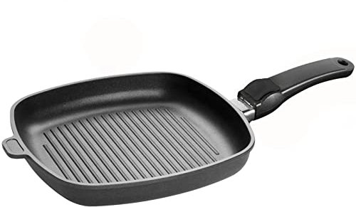SKK Aluguss Grillpfanne 26x26 cm - ohne Induktion - flache viereckige Antihaft Steakpfanne gerippter Pfannenboden Griff abnehmbar - Made in Germany