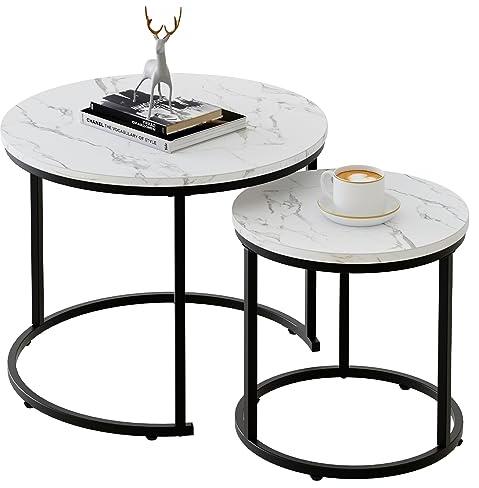 aboxoo Round Nesting Coffee Table Side Table Set of 2 End Tables for Living Room Bedroom Balcony, White Faux Marble Wooden Table Accent Coffee Table with Black Steel Frame