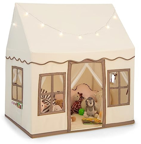 GYMAX Kids Tent, Indoor Children Playhouse with Washable Mat, Star Lights & Windows, Large Play Tent for 3-10 Years Old Girls Boys (Beige+Coffee) (GYTP10088)