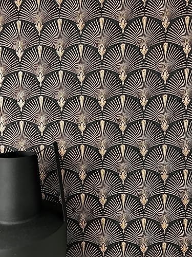 Newroom Papier Peint Intissé Noir Doré Éventail Art Déco Salon | Fleurs rayonnantes, éclat métallisé, esprit Gatsby glamour, papier peint chambre, décoration murale, salle à manger