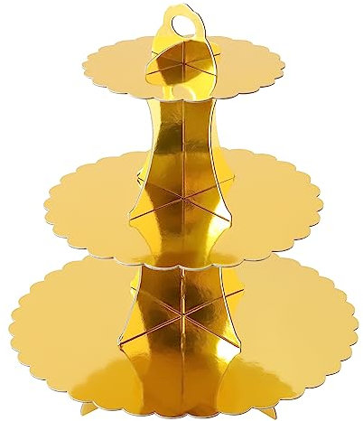 Soleebee Alzata per torte in cartone, 3 ripiani, supporto per cupcake, supporto per muffin, accessorio per feste di compleanno, matrimonio, feste, torte, panini (1 pezzo, oro)