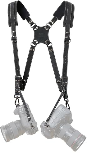 Padwa Lifestyle Frosted Black Dual Camera Harness Strap for Two-Cameras - Dual Shoulder Full Grain Leather Harness,Multi Double Camera Gear for DSLR/SLR Strap,Double Camera Harness for Photographers
